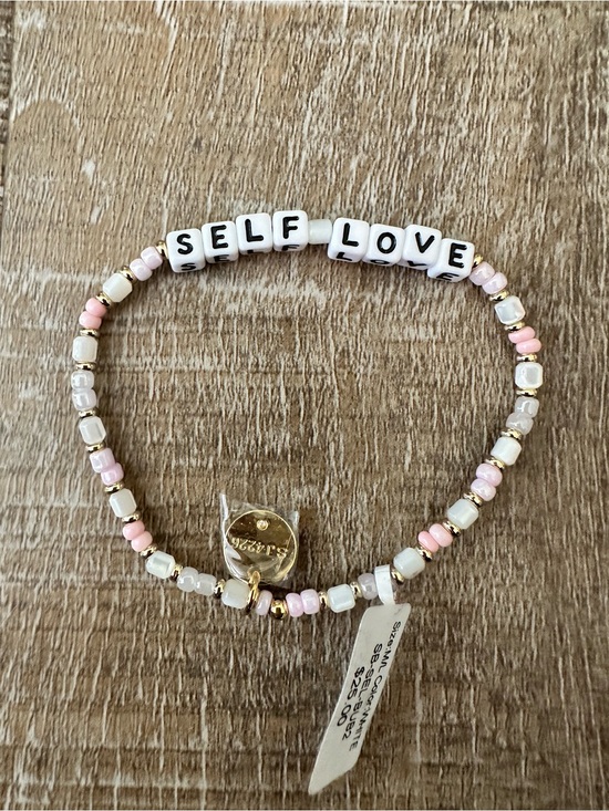 Little Words Project Jewelry - SELF LOVE Pink and White Beaded Stretch Bracelet with Gold Accents